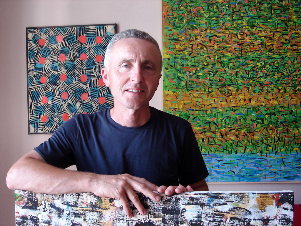 Gabriele Ballardini. Dietro, sulla destra, “Paesaggio con argine” (particolare), 1998, olio e acrilico su tela, 155 x 175 cm.